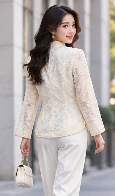 Off-White Embroidered Mandarin Collar Top
