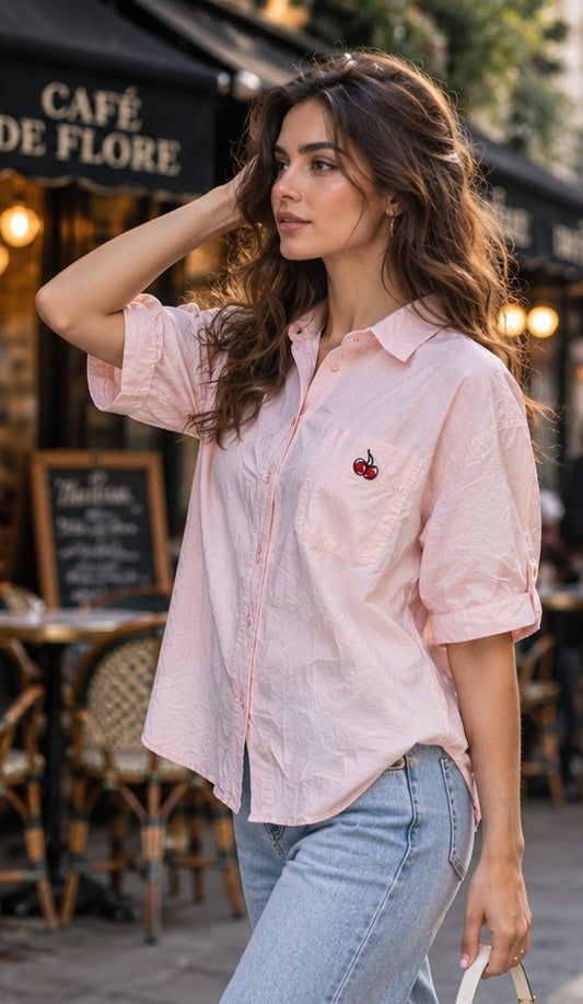 Light Pink Cherry Patch Short Sleeve Button-Down Shirt