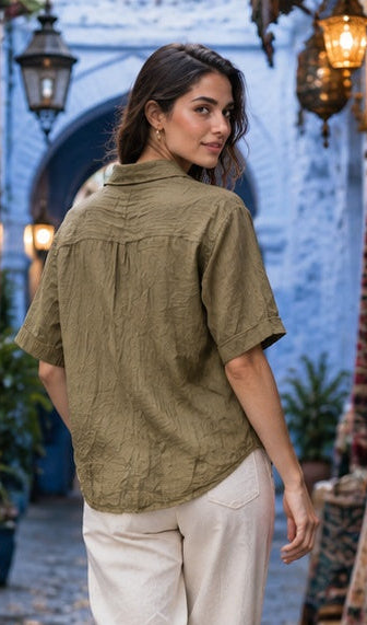 Olive Green Crinkle Short Sleeve Shirt
