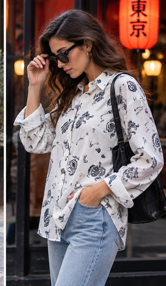 Monochrome Graphic Print Button-Down Shirt