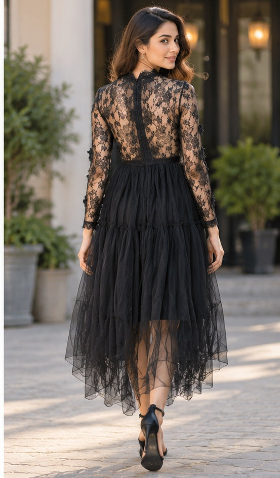 Black Embroidered Lace Tulle Midi Dress