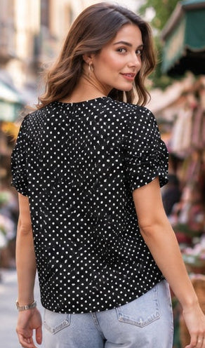Black Polka Dot Short Sleeve Top