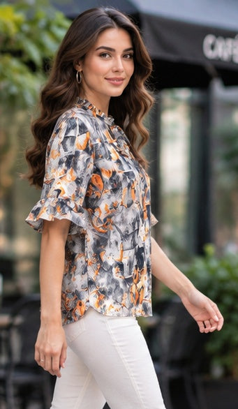 Abstract Print High Neck Flutter Sleeve Blouse