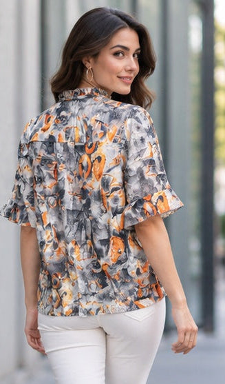 Abstract Print High Neck Flutter Sleeve Blouse