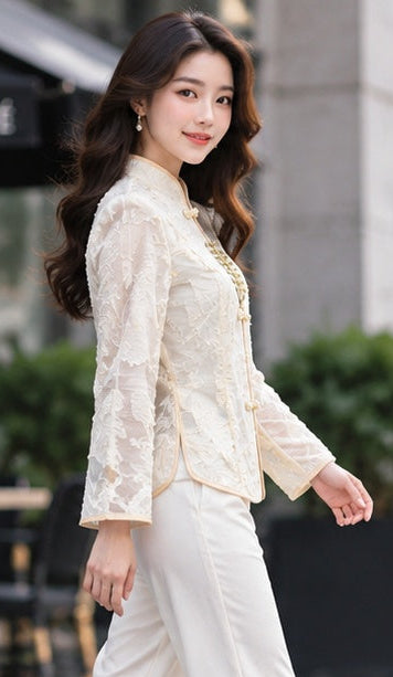 Off-White Embroidered Mandarin Collar Top