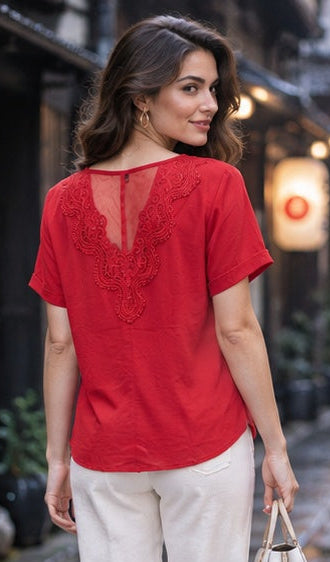 Red Henley Short Sleeve Top