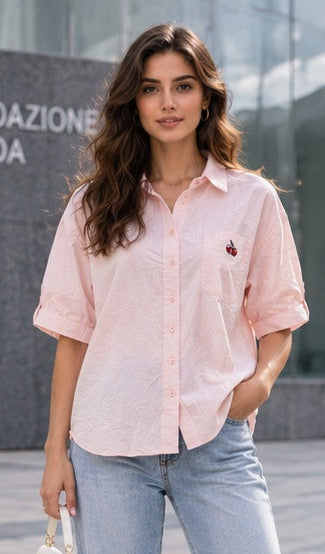 Light Pink Cherry Patch Short Sleeve Button-Down Shirt