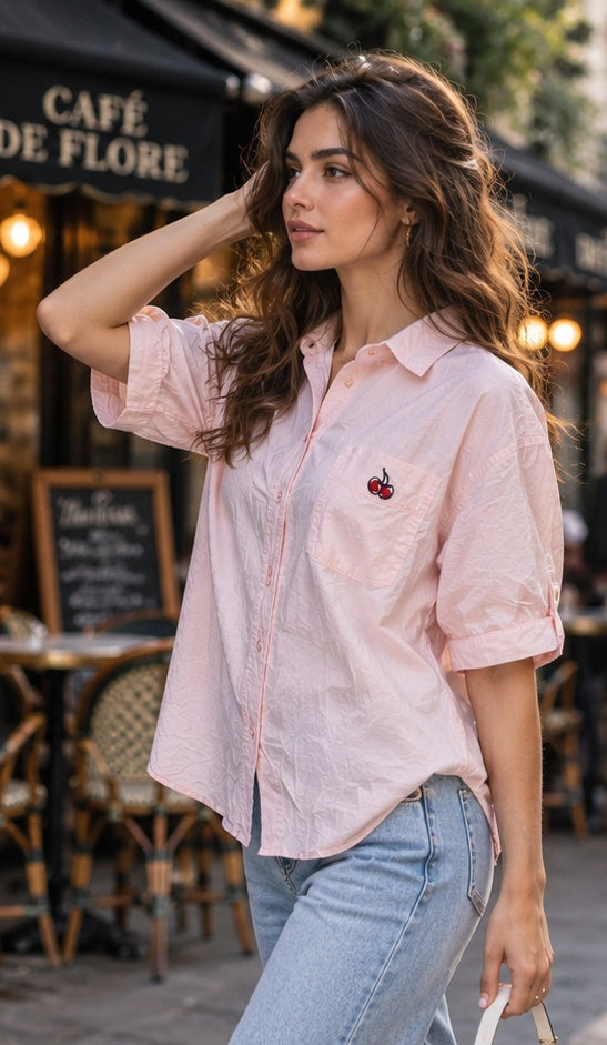 Light Pink Cherry Patch Short Sleeve Button-Down Shirt