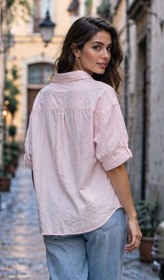 Light Pink Cherry Patch Short Sleeve Button-Down Shirt