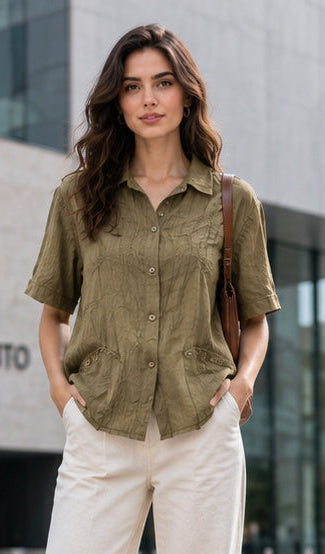 Olive Green Crinkle Short Sleeve Shirt