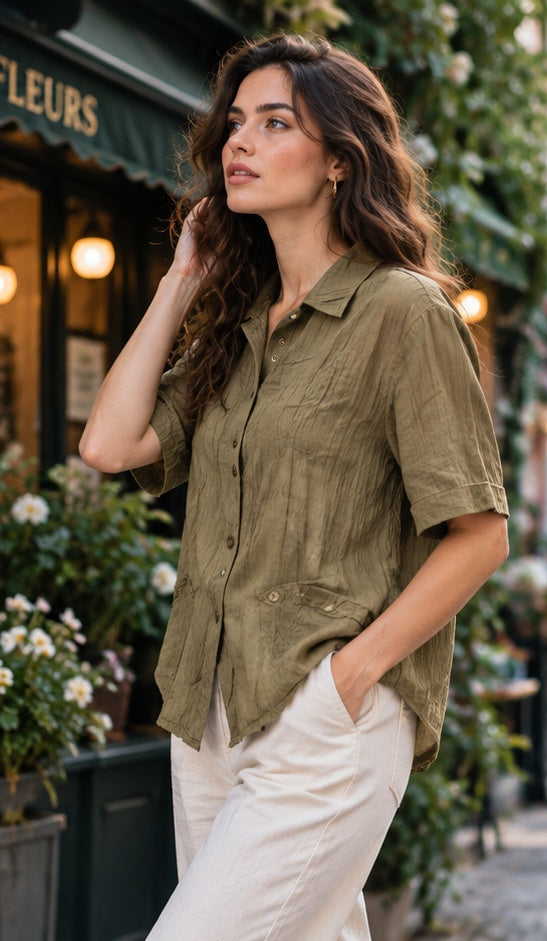 Olive Green Crinkle Short Sleeve Shirt