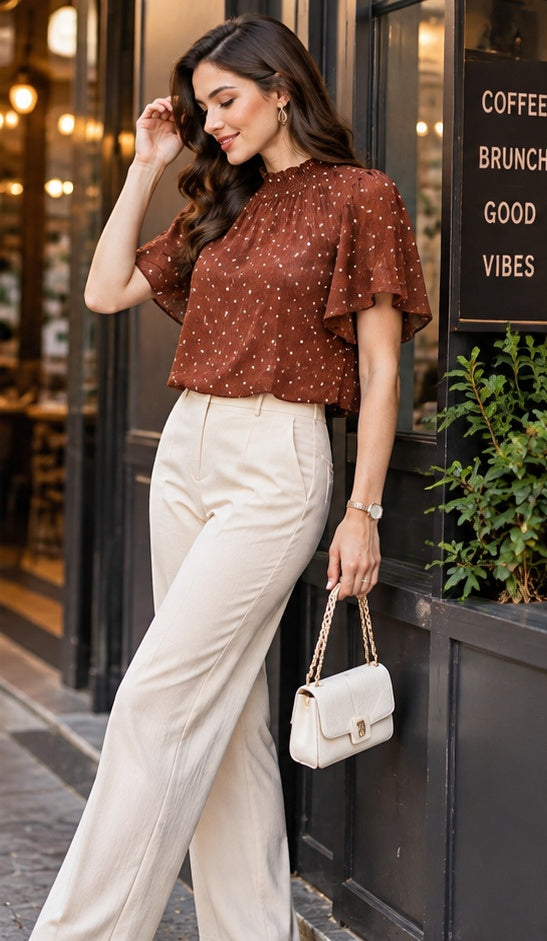 Chocolate Neck Flutter Sleeve Top