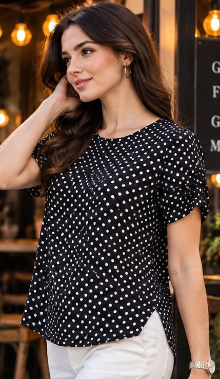 Black Polka Dot Short Sleeve Top