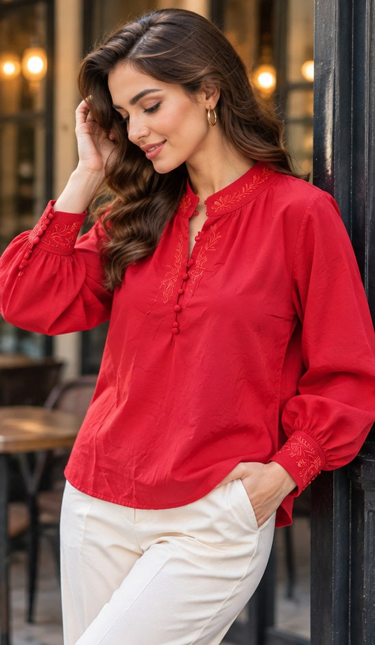 Crimson Red Embroidered Balloon Sleeve Blouse