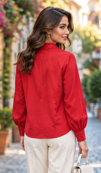 Crimson Red Embroidered Balloon Sleeve Blouse