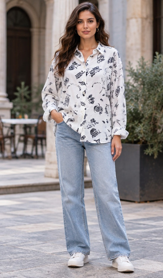 Monochrome Graphic Print Button-Down Shirt