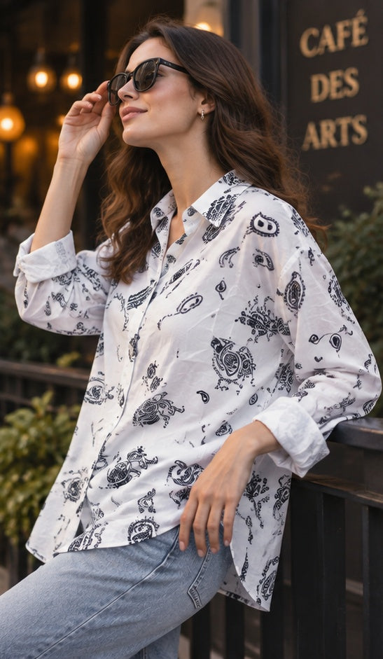 Monochrome Graphic Print Button-Down Shirt