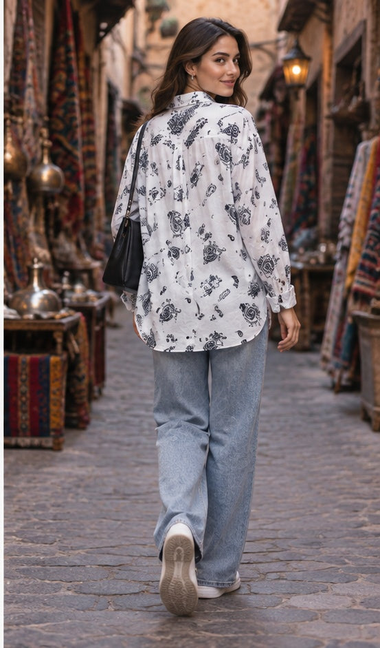 Monochrome Graphic Print Button-Down Shirt