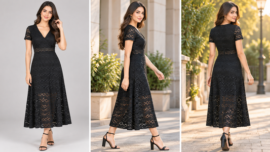 Black Sheer Lace & Tiered Tulle Midi Dress