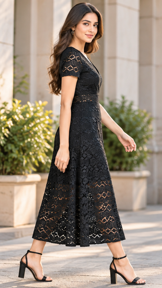 Black Sheer Lace & Tiered Tulle Midi Dress