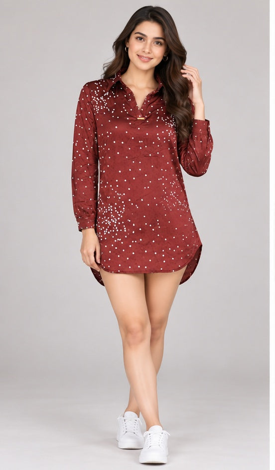 Burgundy Printed Long Sleeve Shirt Dress