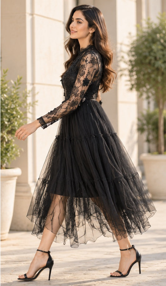 Black Embroidered Lace Tulle Midi Dress