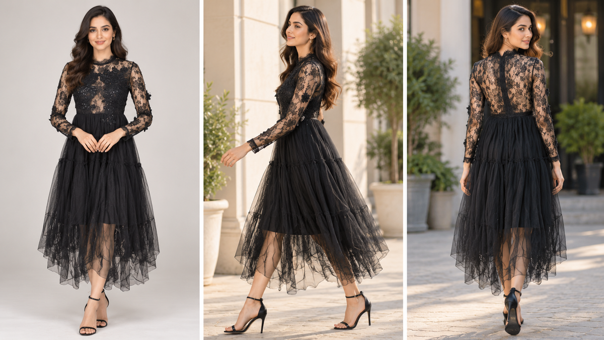 Black Embroidered Lace Tulle Midi Dress