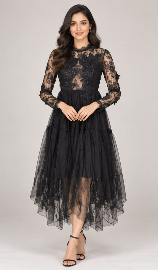 Black Embroidered Lace Tulle Midi Dress