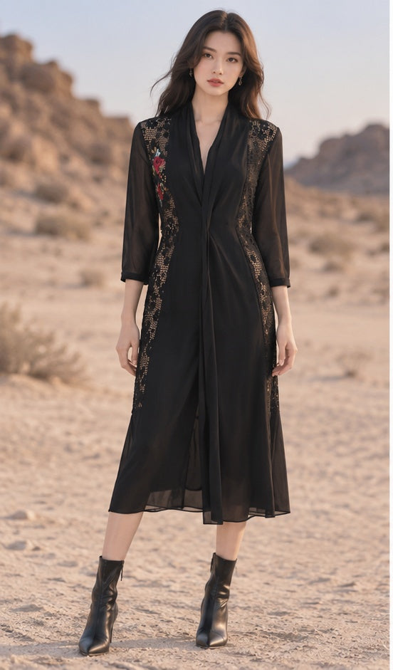 Black Embroidered Lace Panel Midi Dress