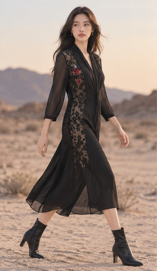Black Embroidered Lace Panel Midi Dress