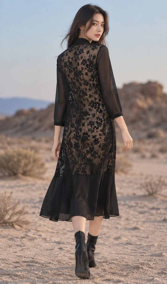 Black Embroidered Lace Panel Midi Dress
