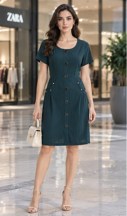 Teal Button Front Short Sleeve Mini Dress
