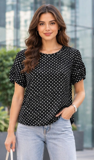 Black Polka Dot Short Sleeve Top