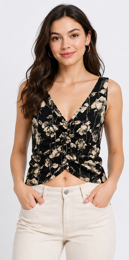 Black Floral Ruched V-Neck Crop Top