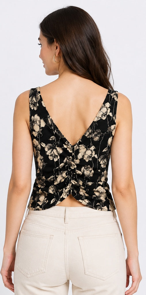 Black Floral Ruched V-Neck Crop Top