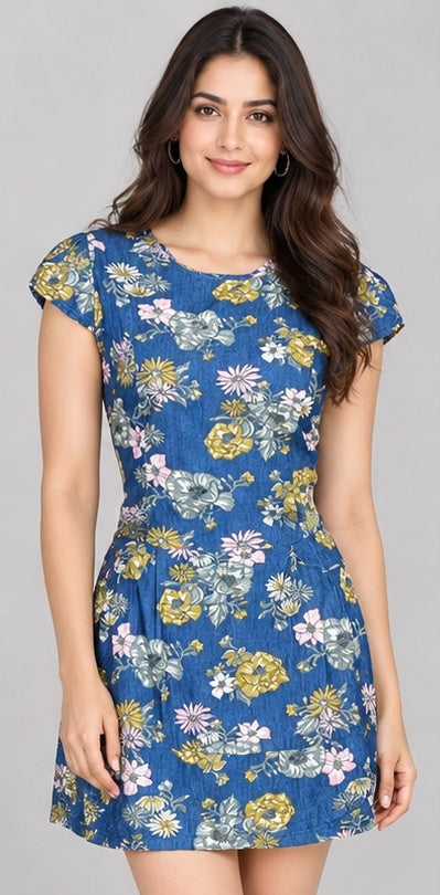 Blue Floral Print Short Sleeve Mini Dress