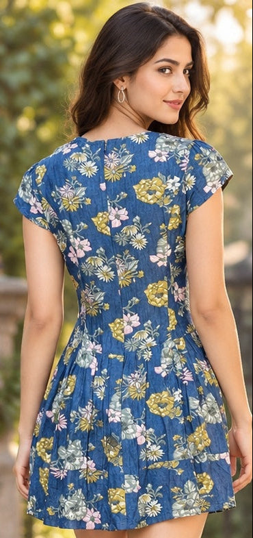 Blue Floral Print Short Sleeve Mini Dress